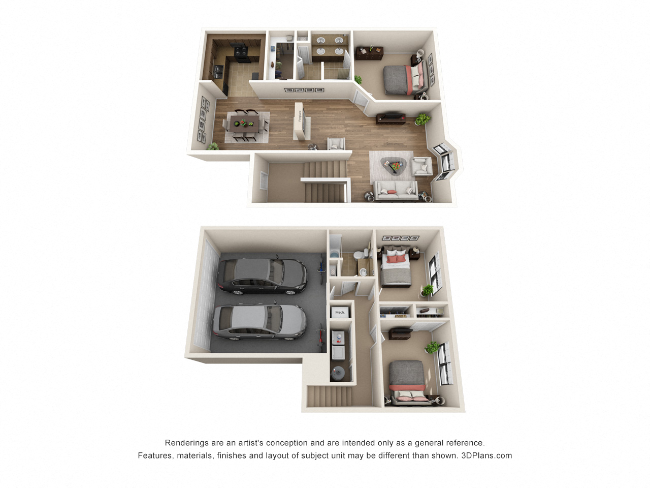 Floor plan for 3 beds, 2 baths, 1607 sqft